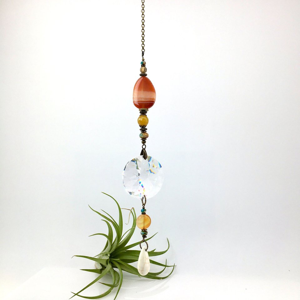 Sun Catcher, Warm Colored Gemstones, Agate, Crystal Prism Hanging, Rainbow Maker, Boho, Window Hanging, Garden, Gift, 2 DirtyBirds Boutique