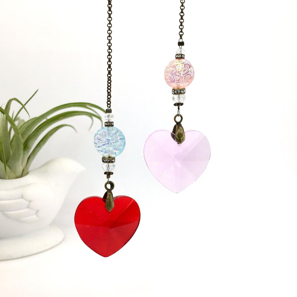 Sun Catcher, Faceted Crystal Heart, Red or Pink, Hanging for Windows, Rainbow Maker, Home, Garden, Valentine, Gift, 2 DirtyBirds Boutique