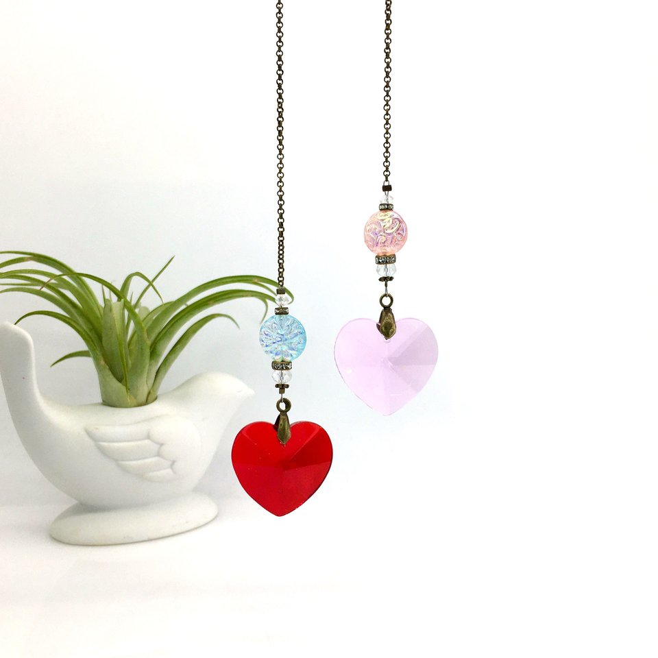 Sun Catcher, Faceted Crystal Heart, Red or Pink, Hanging for Windows, Rainbow Maker, Home, Garden, Valentine, Gift, 2 DirtyBirds Boutique