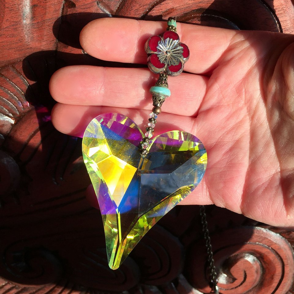 Sun Catcher, Wild Heart, Boho Crystal Hanging for Windows, XLG Crystal, Rainbow Maker, Home, Garden, Valentine, Gift, 2 DirtyBirds Boutique