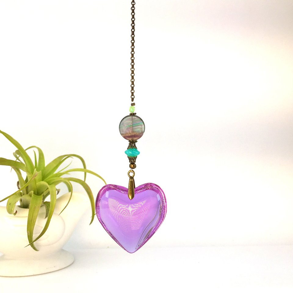 Sun Catcher, Puffy Lavender Crystal Heart, Flourite Gemstone, LG 45mm, Hanging for Windows, Home, Garden, Valentine, Gift, 2 DirtyBirds