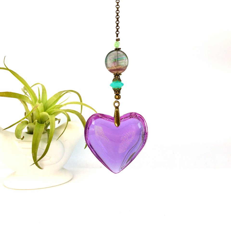 Sun Catcher, Puffy Lavender Crystal Heart, Flourite Gemstone, LG 45mm, Hanging for Windows, Home, Garden, Valentine, Gift, 2 DirtyBirds