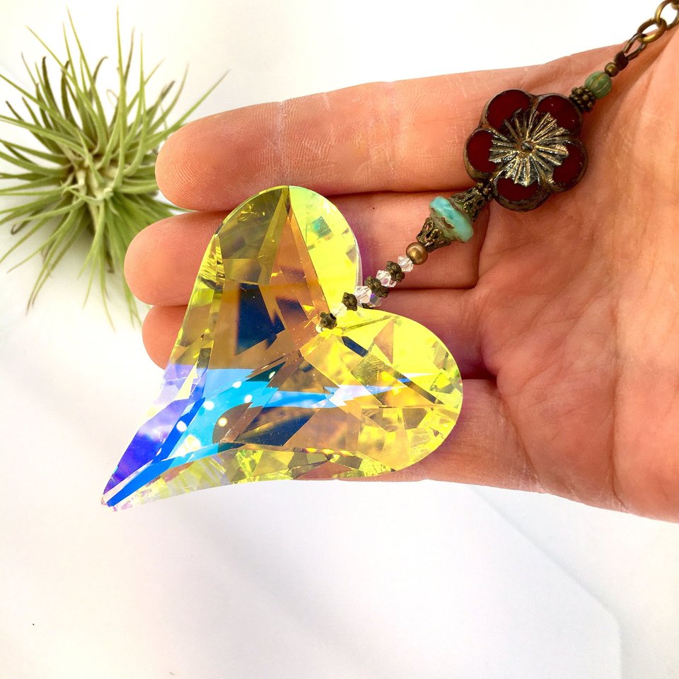Sun Catcher, Wild Heart, Boho Crystal Hanging for Windows, XLG Crystal, Rainbow Maker, Home, Garden, Valentine, Gift, 2 DirtyBirds Boutique