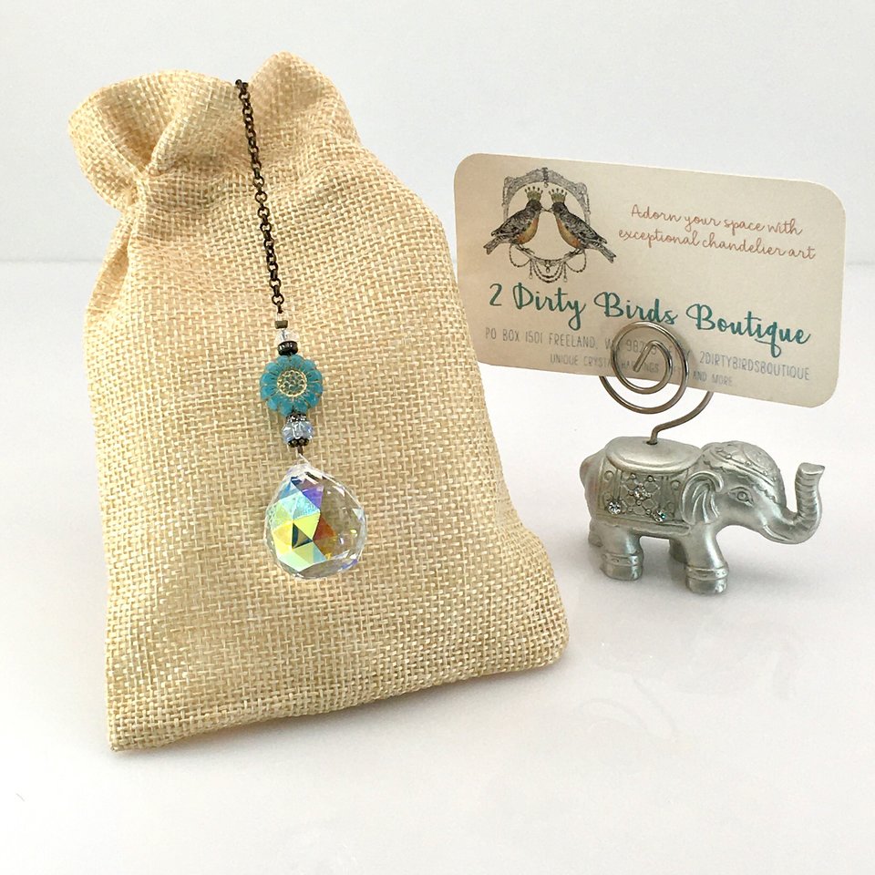 Blue Flower Crystal Suncatcher: Rainbow Prism, Czech Glass Beads