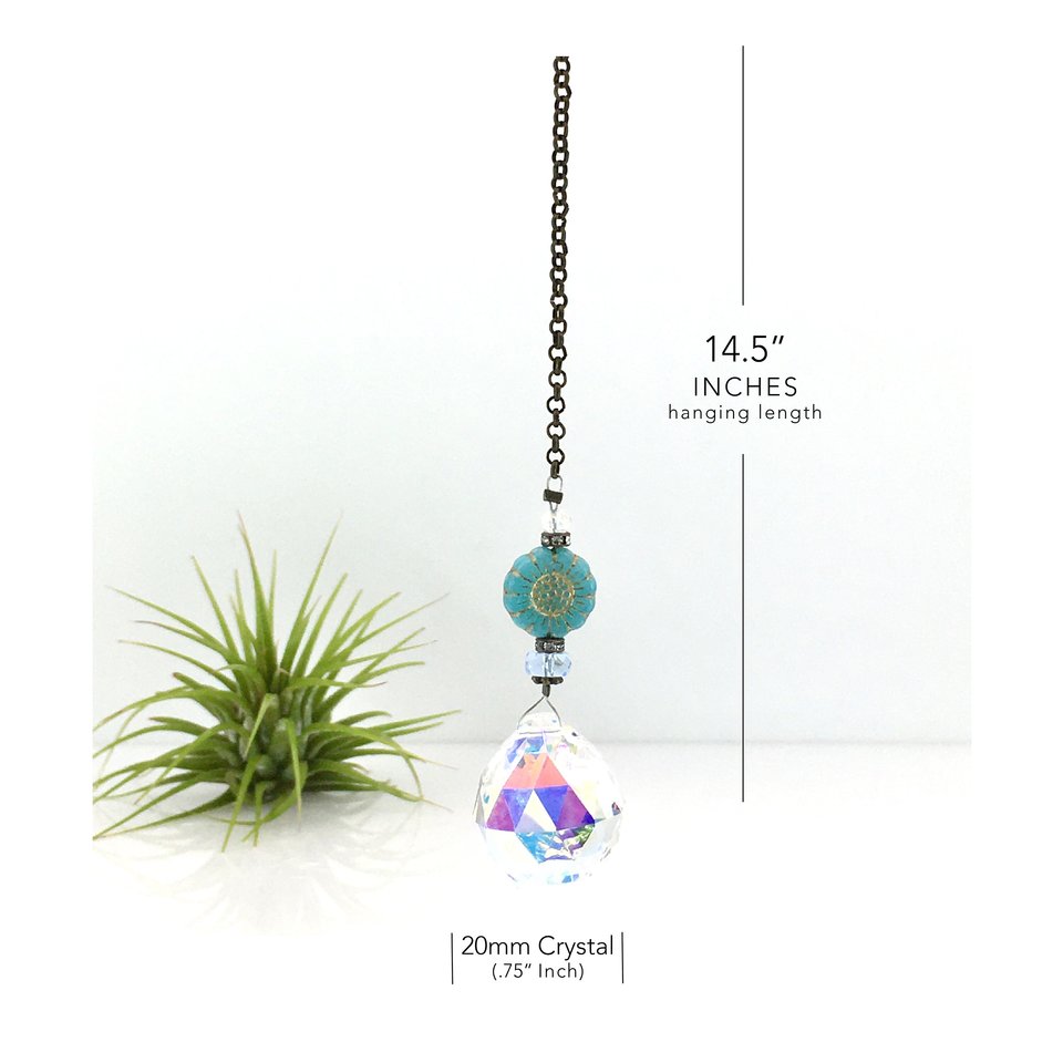 Blue Flower Crystal Suncatcher: Rainbow Prism, Czech Glass Beads
