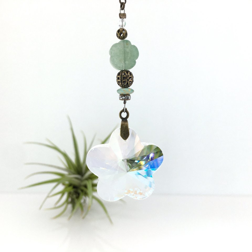 Sweet Flower Crystal Sun Catcher with Aventurine Gemstone - Brighten Your Window or Garden