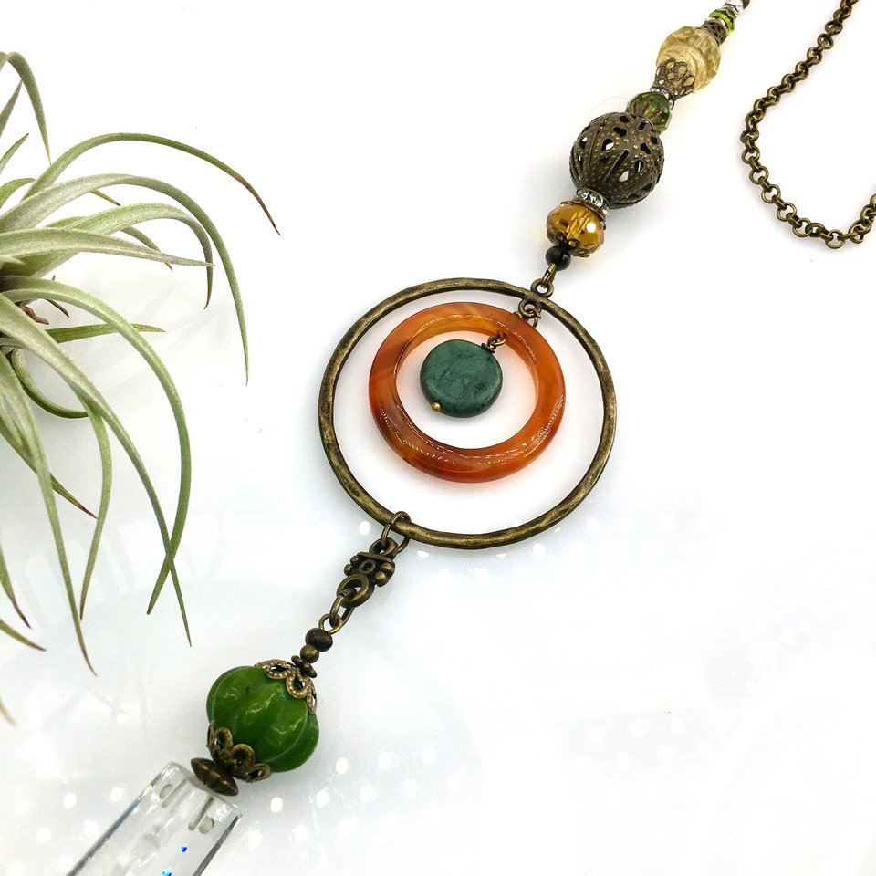 Gemstone Sun Catcher: Vintage Crystal Prism, Agate & Jade
