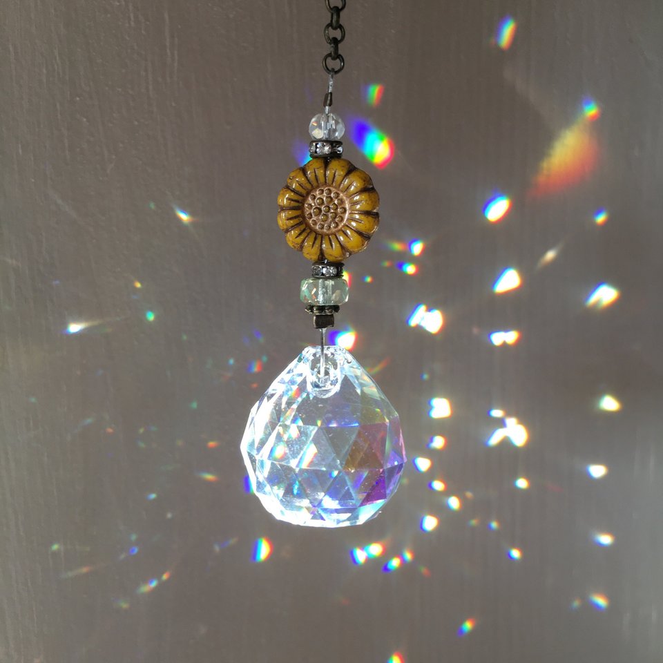 Sunflower Crystal Sun Catcher: 20mm Asfour Rainbow Prism, Czech Glass Beads, Handmade