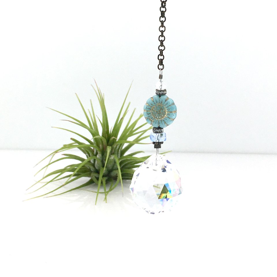 Blue Flower Crystal Suncatcher: Rainbow Prism, Czech Glass Beads