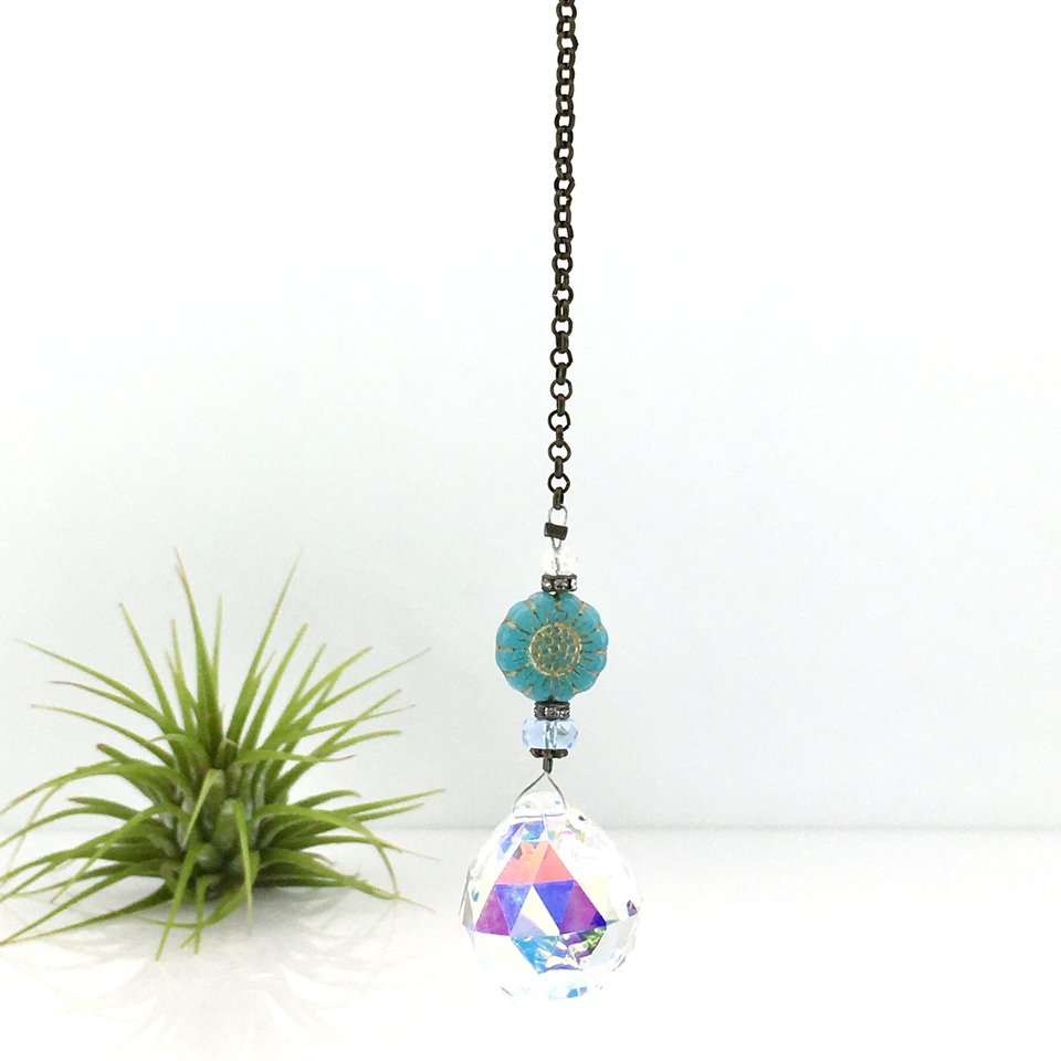 Blue Flower Crystal Suncatcher: Rainbow Prism, Czech Glass Beads