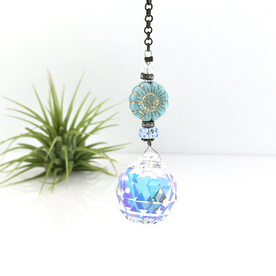 Blue Flower Crystal Suncatcher: Rainbow Prism, Czech Glass Beads