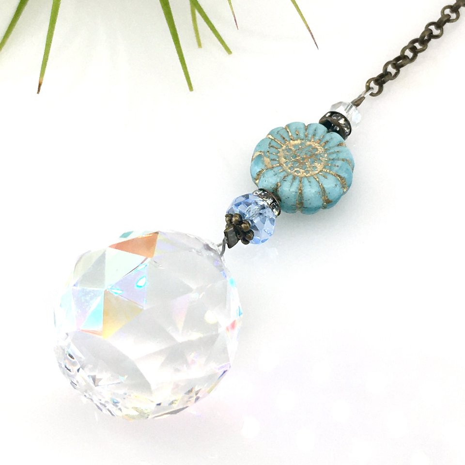 Blue Flower Crystal Suncatcher: Rainbow Prism, Czech Glass Beads