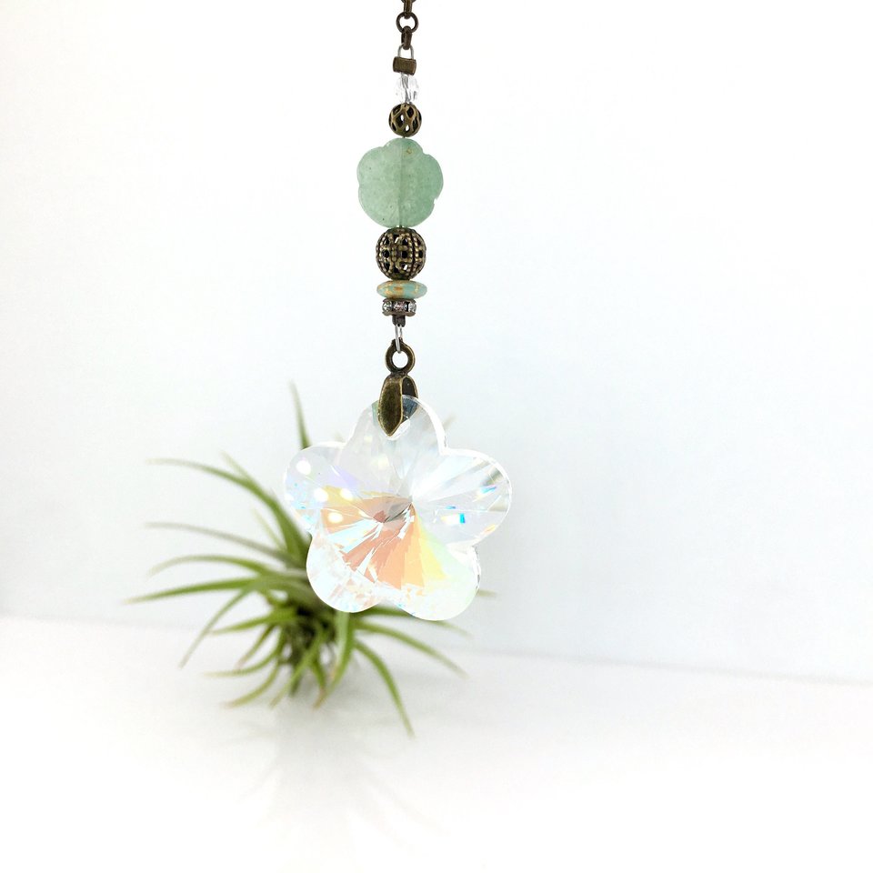 Sweet Flower Crystal Sun Catcher with Aventurine Gemstone - Brighten Your Window or Garden