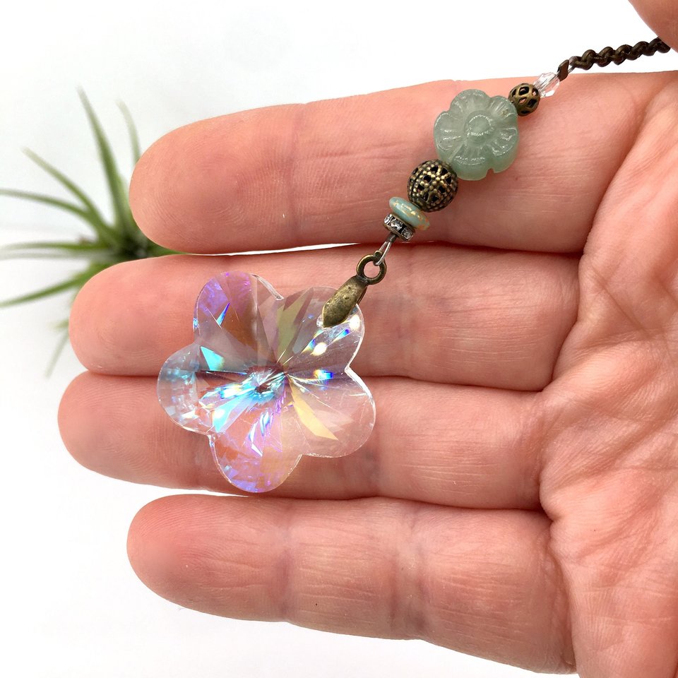 Sweet Flower Crystal Sun Catcher with Aventurine Gemstone - Brighten Your Window or Garden
