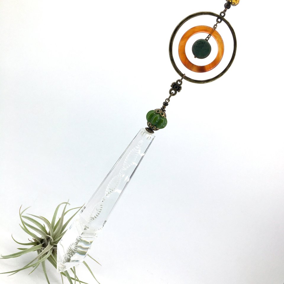 Gemstone Sun Catcher: Vintage Crystal Prism, Agate & Jade