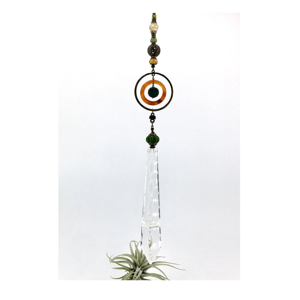 Gemstone Sun Catcher: Vintage Crystal Prism, Agate & Jade