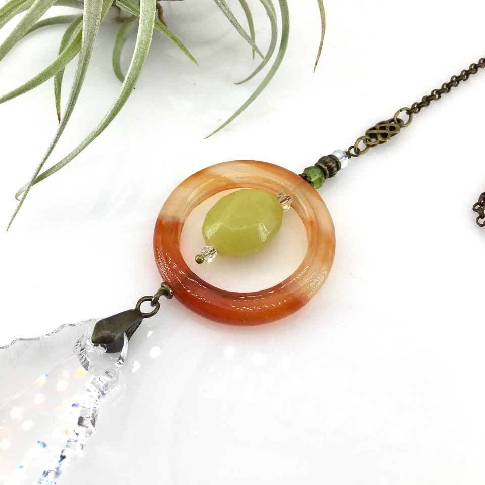 Gemstone Sun Catcher: Sardonyx Agate, Lemon Jade Crystal Prism, Czech Glass