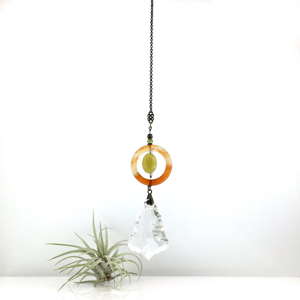 Gemstone Sun Catcher: Sardonyx Agate, Lemon Jade Crystal Prism, Czech Glass