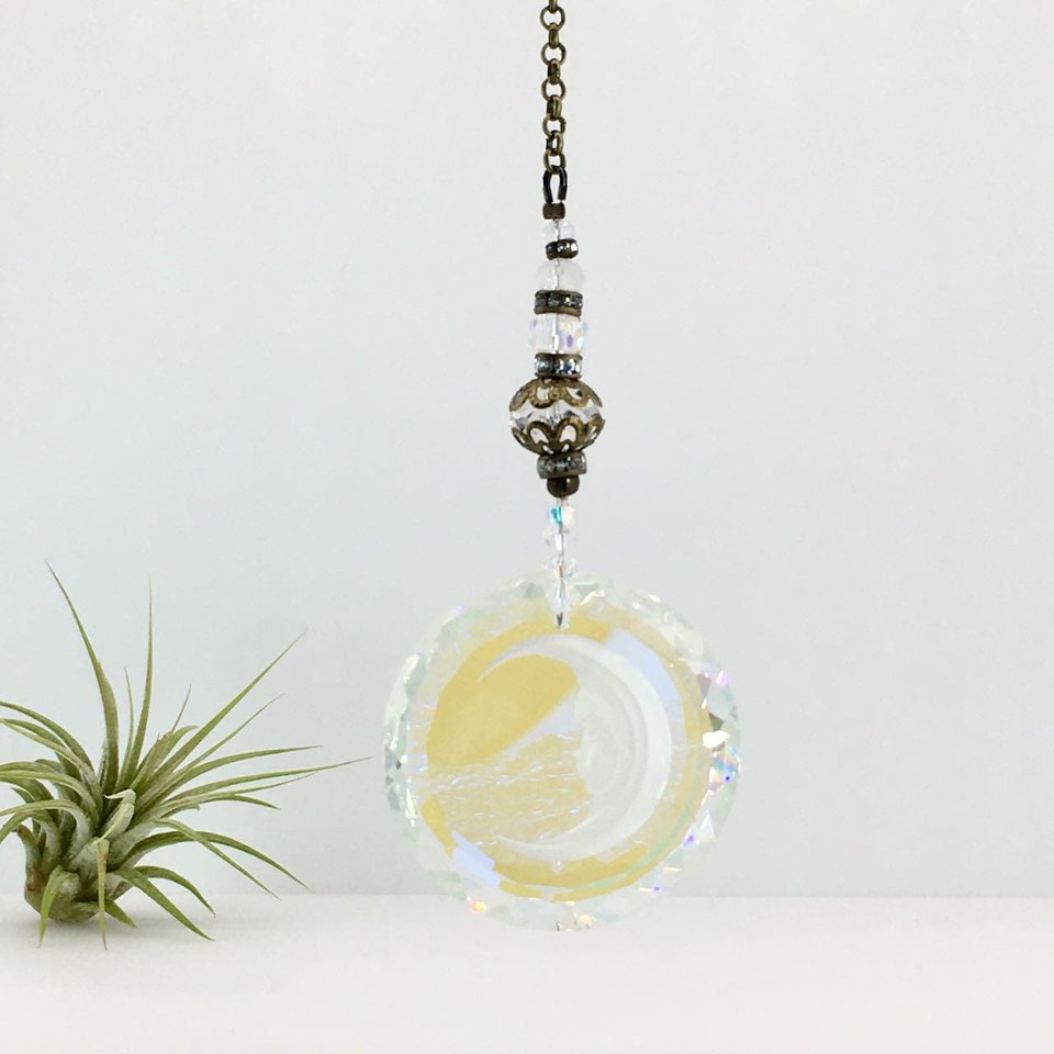Moon Face Crystal Suncatcher: Rainbow Prism Window Hanging