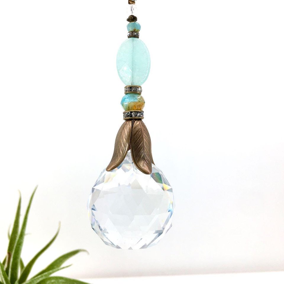 Blue Chalcedony Crystal Sun Catcher: 30mm Rainbow Prism Window Garden Decor