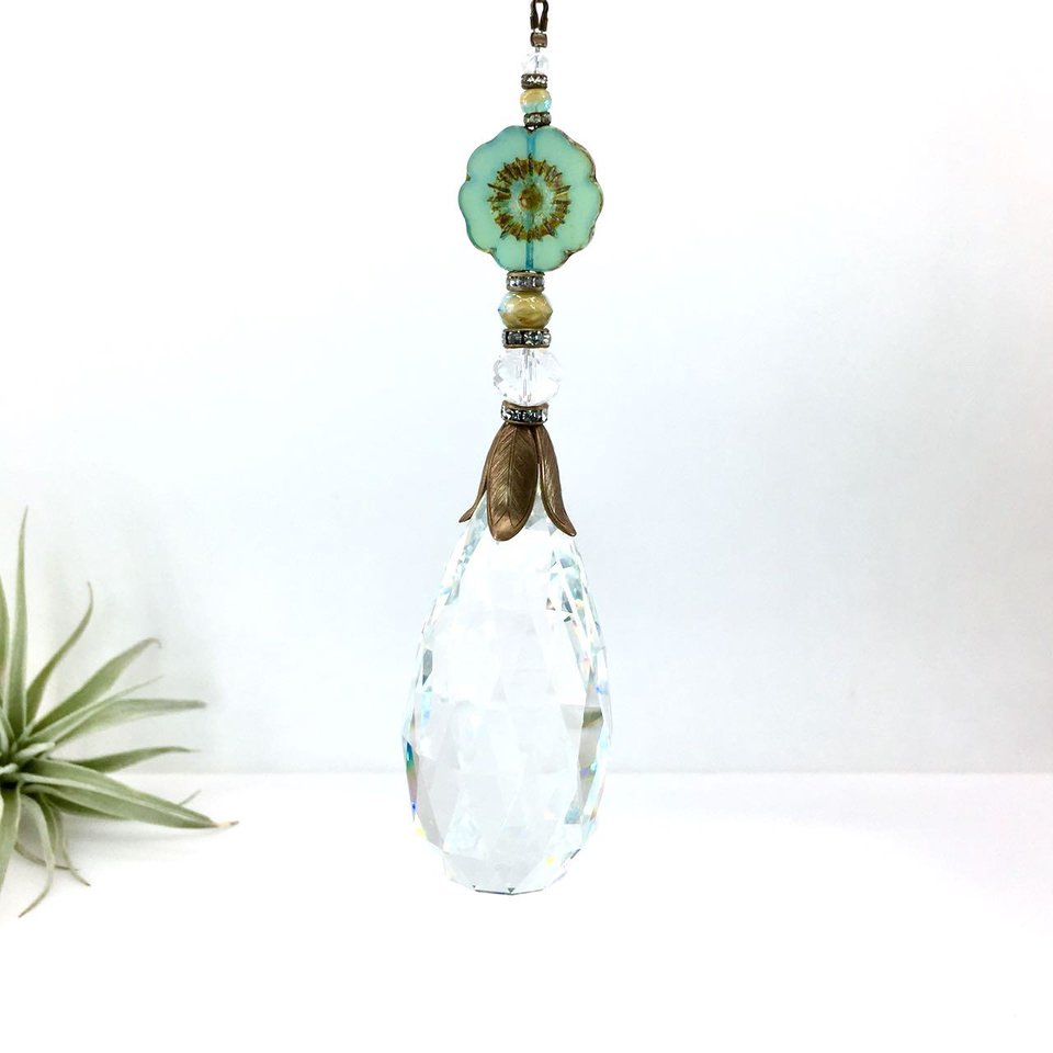 Crystal Sun Catcher: Rainbow Prism with Austrian & Czech Glass Beads