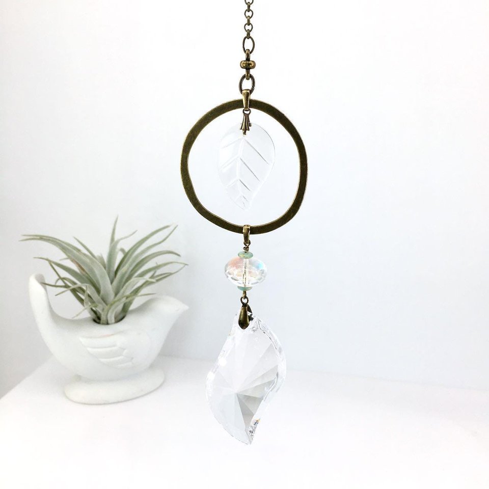 Crystal Prism Suncatcher with Vintage Leaf: Handmade Window Garden Hanging