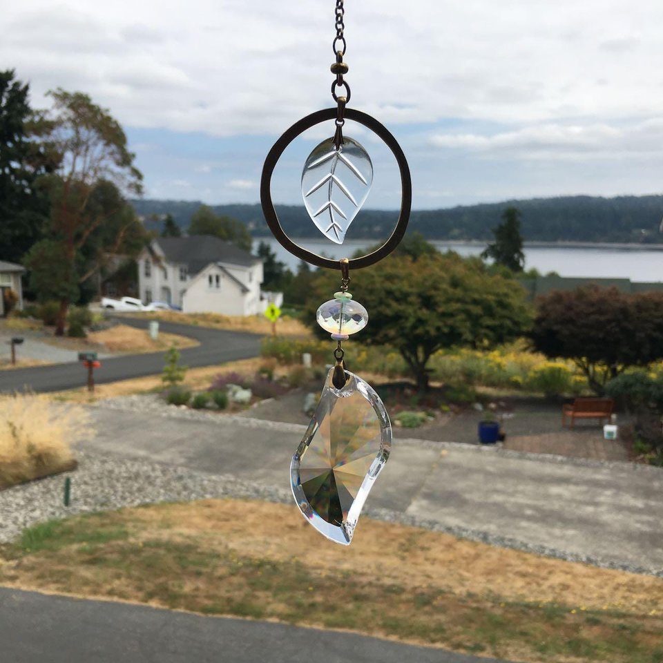 Crystal Prism Suncatcher with Vintage Leaf: Handmade Window Garden Hanging