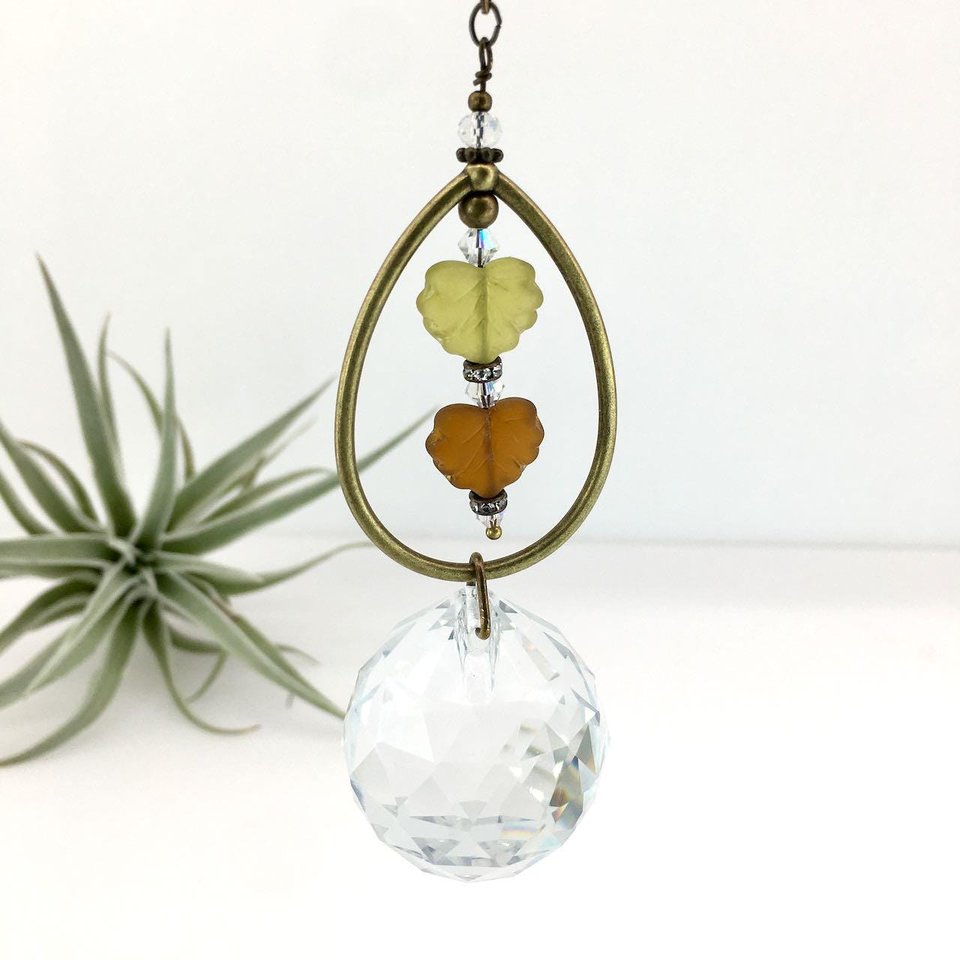 Bohemian Crystal Sun Catcher: Czech Glass Leaf Beads, Antique Bronze