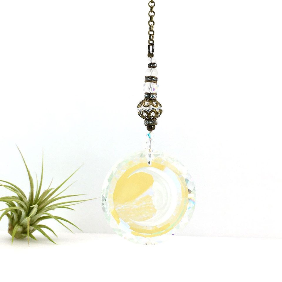 Moon Face Crystal Suncatcher: Rainbow Prism Window Hanging