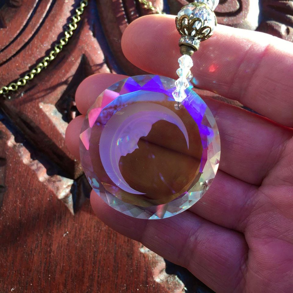 Moon Face Crystal Suncatcher: Rainbow Prism Window Hanging