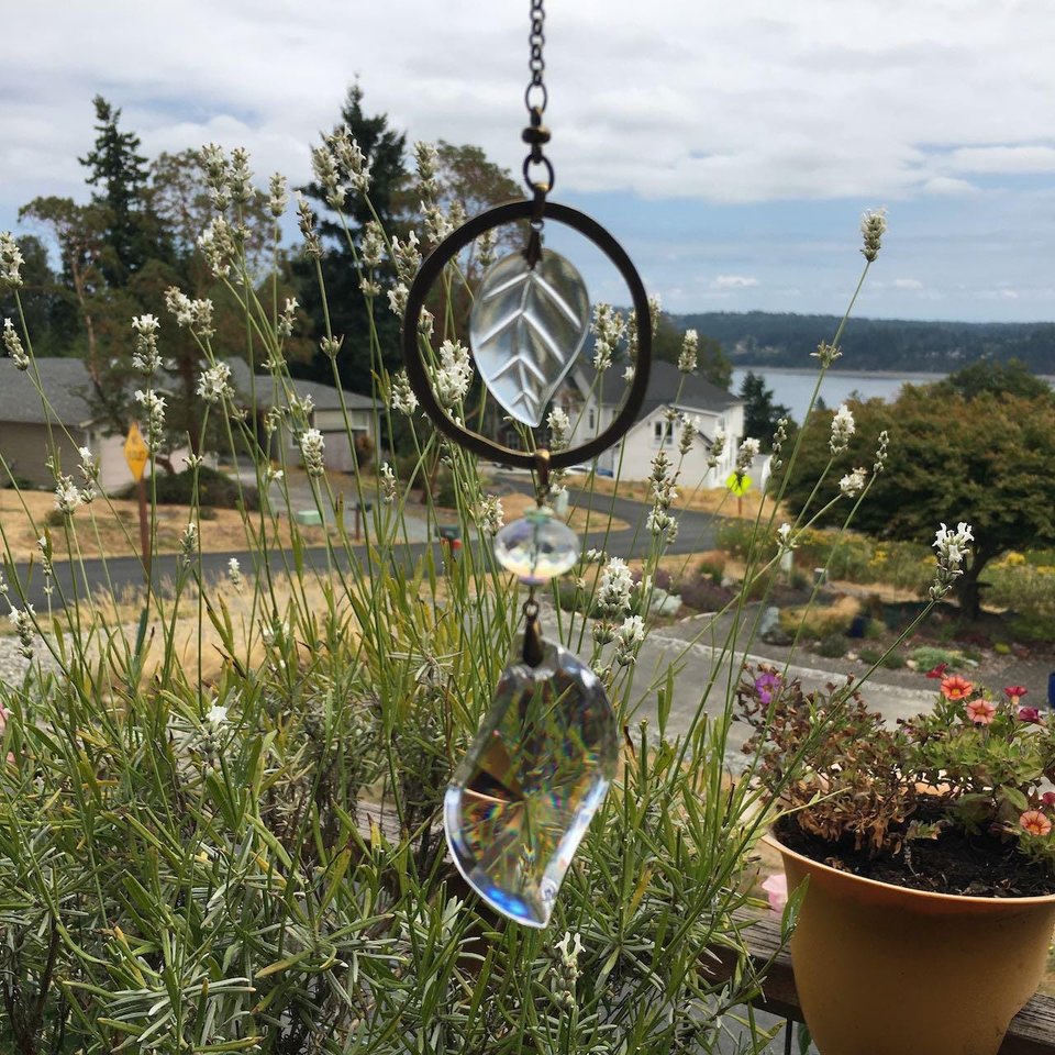 Crystal Prism Suncatcher with Vintage Leaf: Handmade Window Garden Hanging