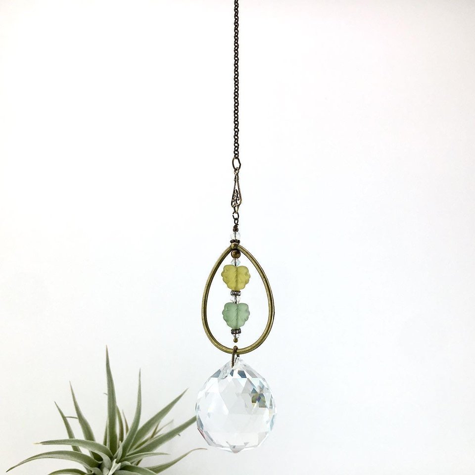 Bohemian Crystal Sun Catcher: Czech Glass Leaf Beads, Antique Bronze