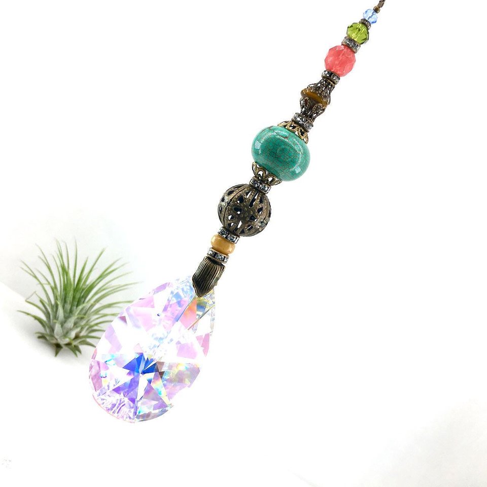Gemstone Sun Catcher: Asfour Crystal Prism, Cherry Quartz, Czech Glass