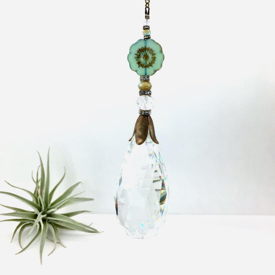 Crystal Sun Catcher: Rainbow Prism with Austrian & Czech Glass Beads