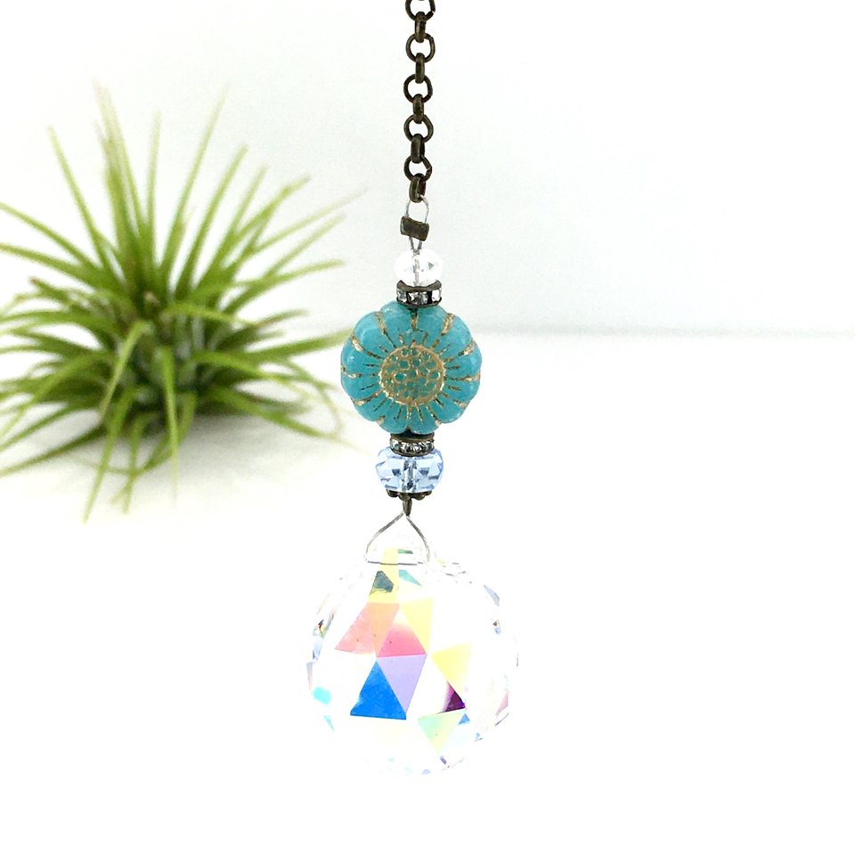 Blue Flower Crystal Suncatcher: Rainbow Prism, Czech Glass Beads