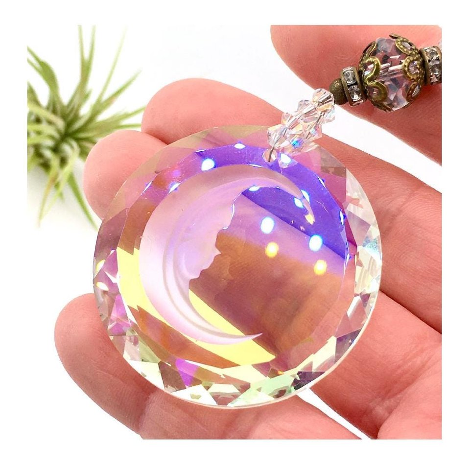 Moon Face Crystal Suncatcher: Rainbow Prism Window Hanging