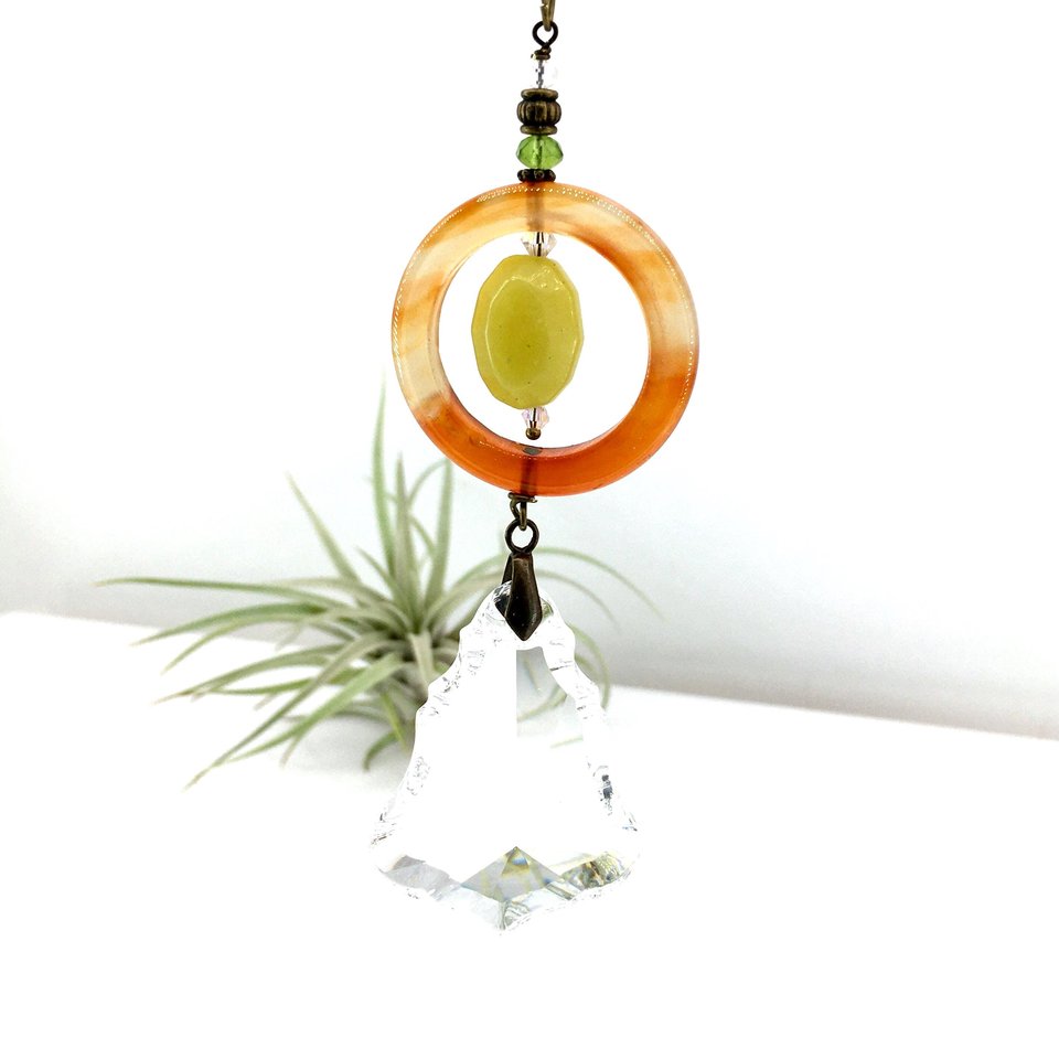 Gemstone Sun Catcher: Sardonyx Agate, Lemon Jade Crystal Prism, Czech Glass