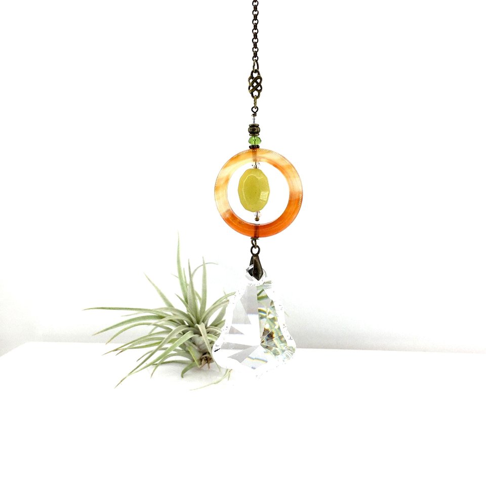Gemstone Sun Catcher: Sardonyx Agate, Lemon Jade Crystal Prism, Czech Glass