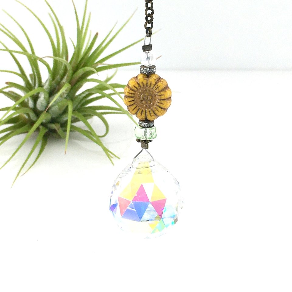 Sunflower Crystal Sun Catcher: 20mm Asfour Rainbow Prism, Czech Glass Beads, Handmade