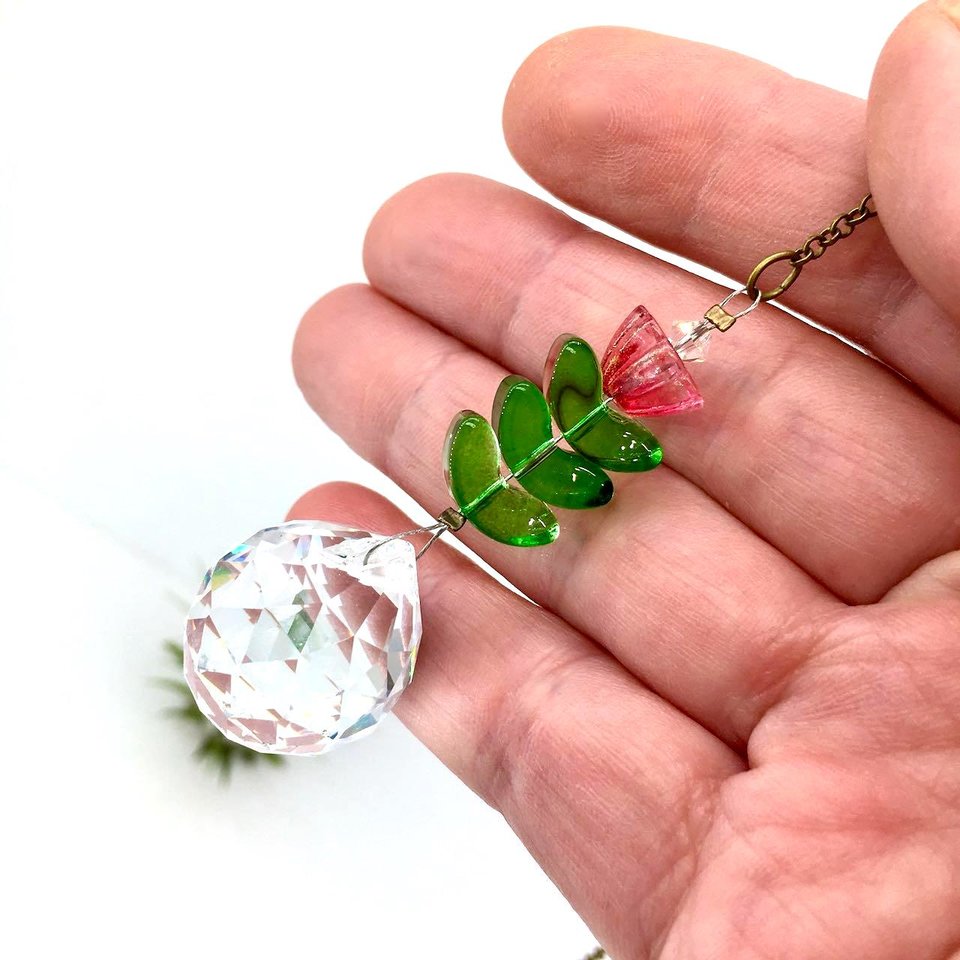 Flower Crystal Sun Catcher: 20mm Rainbow Prism Sphere, Czech Glass, Handmade