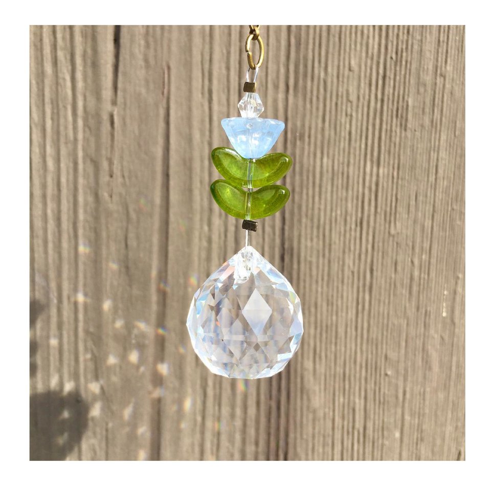 Flower Crystal Sun Catcher: 20mm Rainbow Prism Sphere, Czech Glass, Handmade