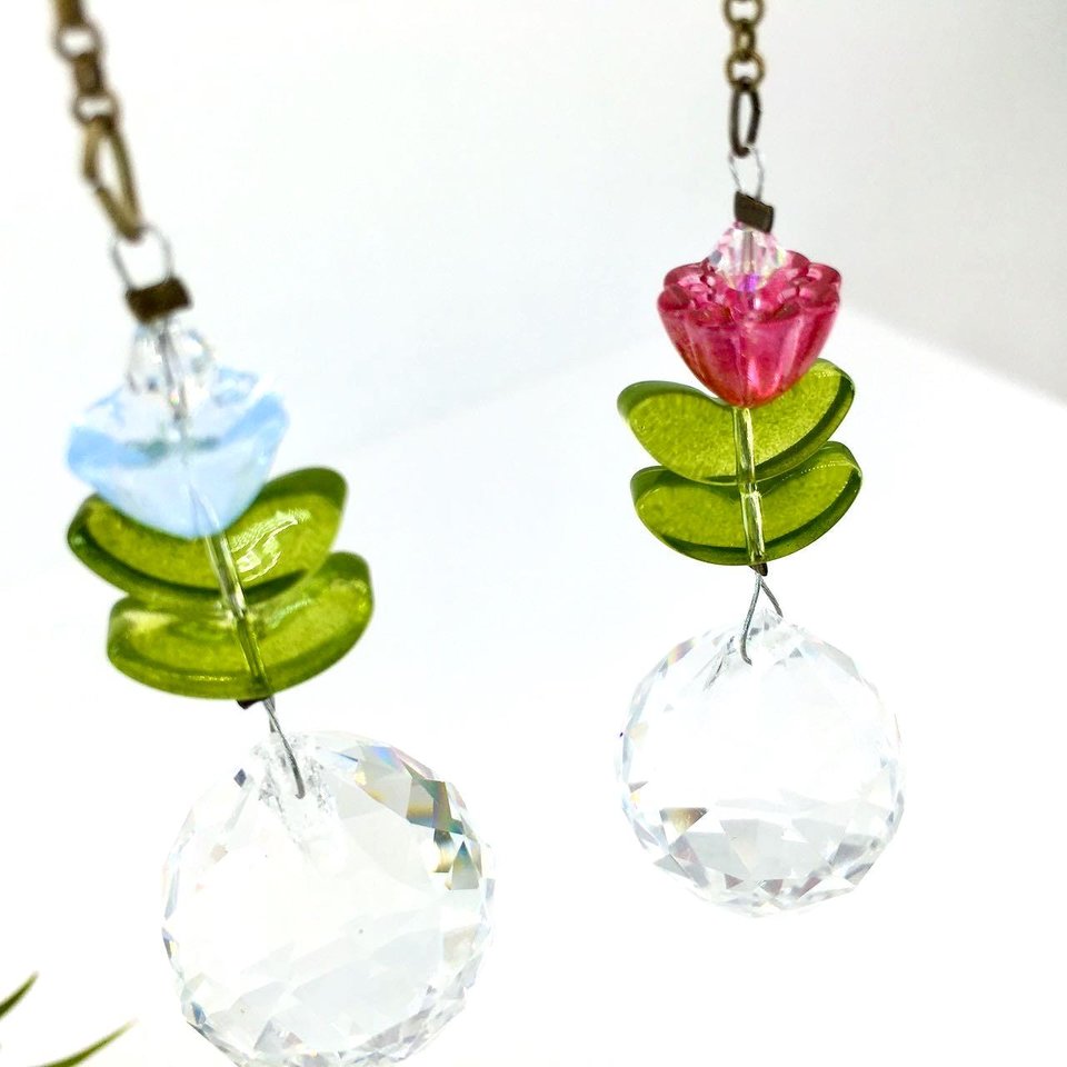 Flower Crystal Sun Catcher: 20mm Rainbow Prism Sphere, Czech Glass, Handmade