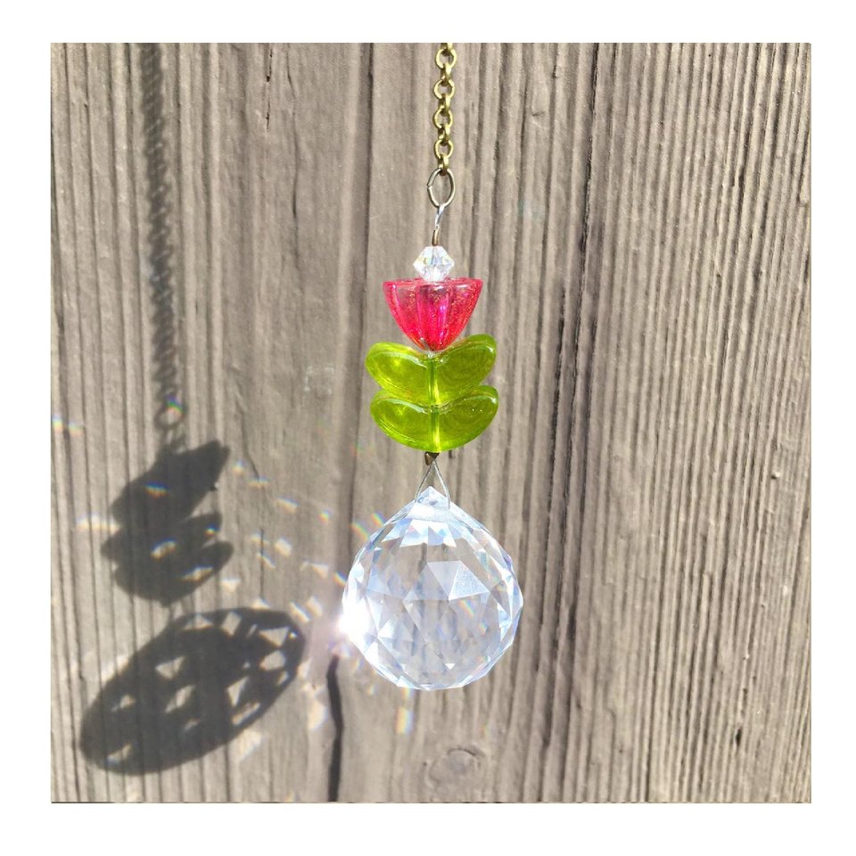Flower Crystal Sun Catcher: 20mm Rainbow Prism Sphere, Czech Glass, Handmade