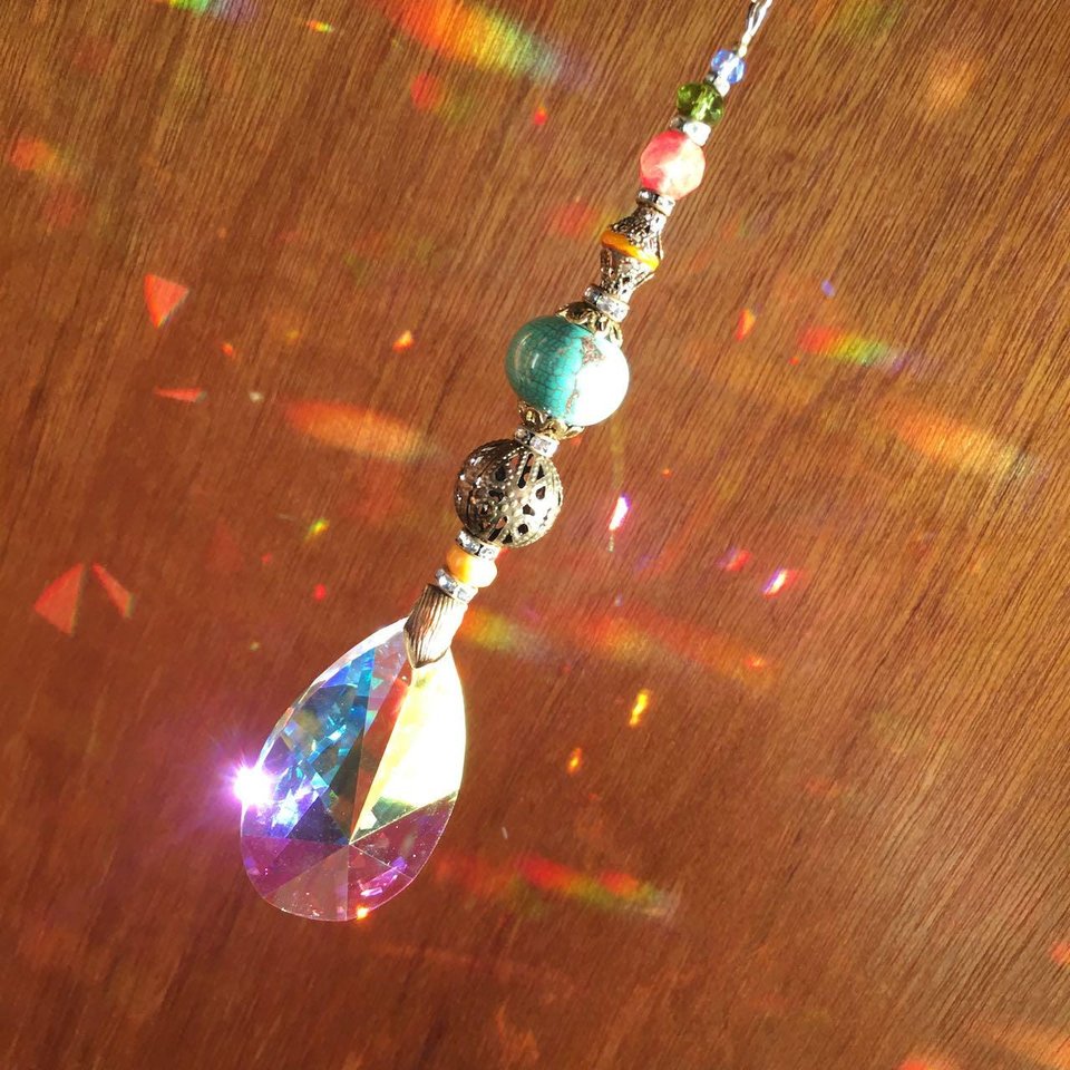 Gemstone Sun Catcher: Asfour Crystal Prism, Cherry Quartz, Czech Glass