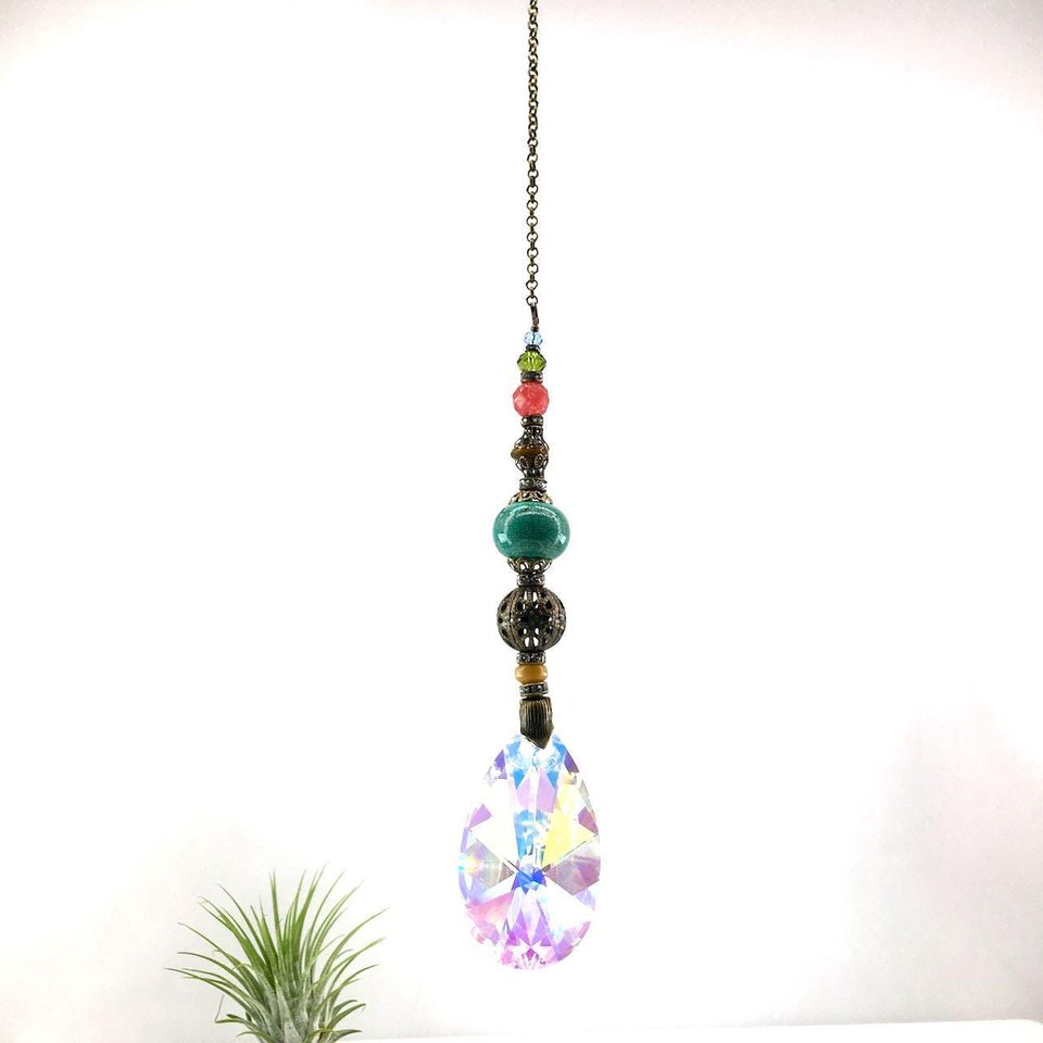Gemstone Sun Catcher: Asfour Crystal Prism, Cherry Quartz, Czech Glass