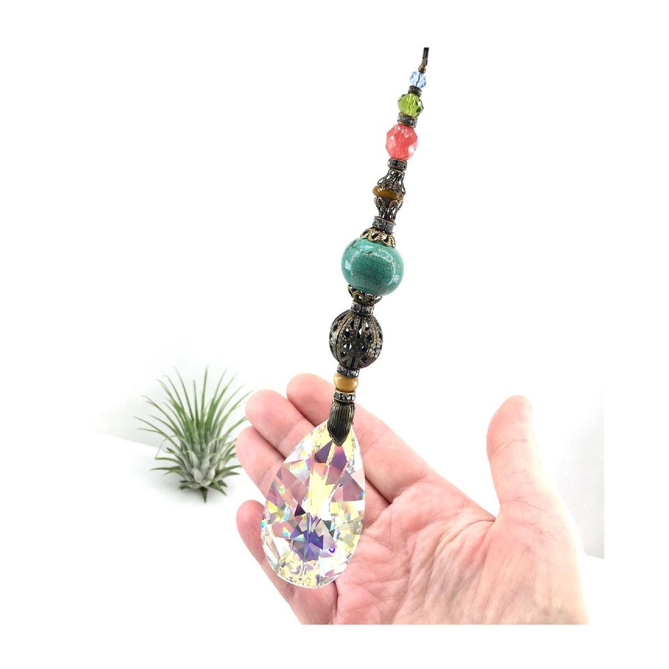 Gemstone Sun Catcher: Asfour Crystal Prism, Cherry Quartz, Czech Glass