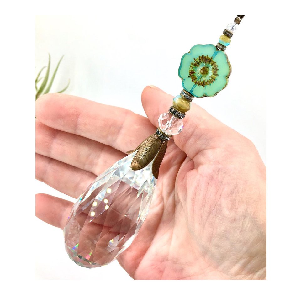 Crystal Sun Catcher: Rainbow Prism with Austrian & Czech Glass Beads