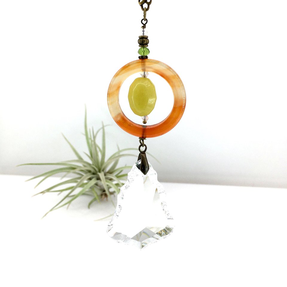 Gemstone Sun Catcher: Sardonyx Agate, Lemon Jade Crystal Prism, Czech Glass