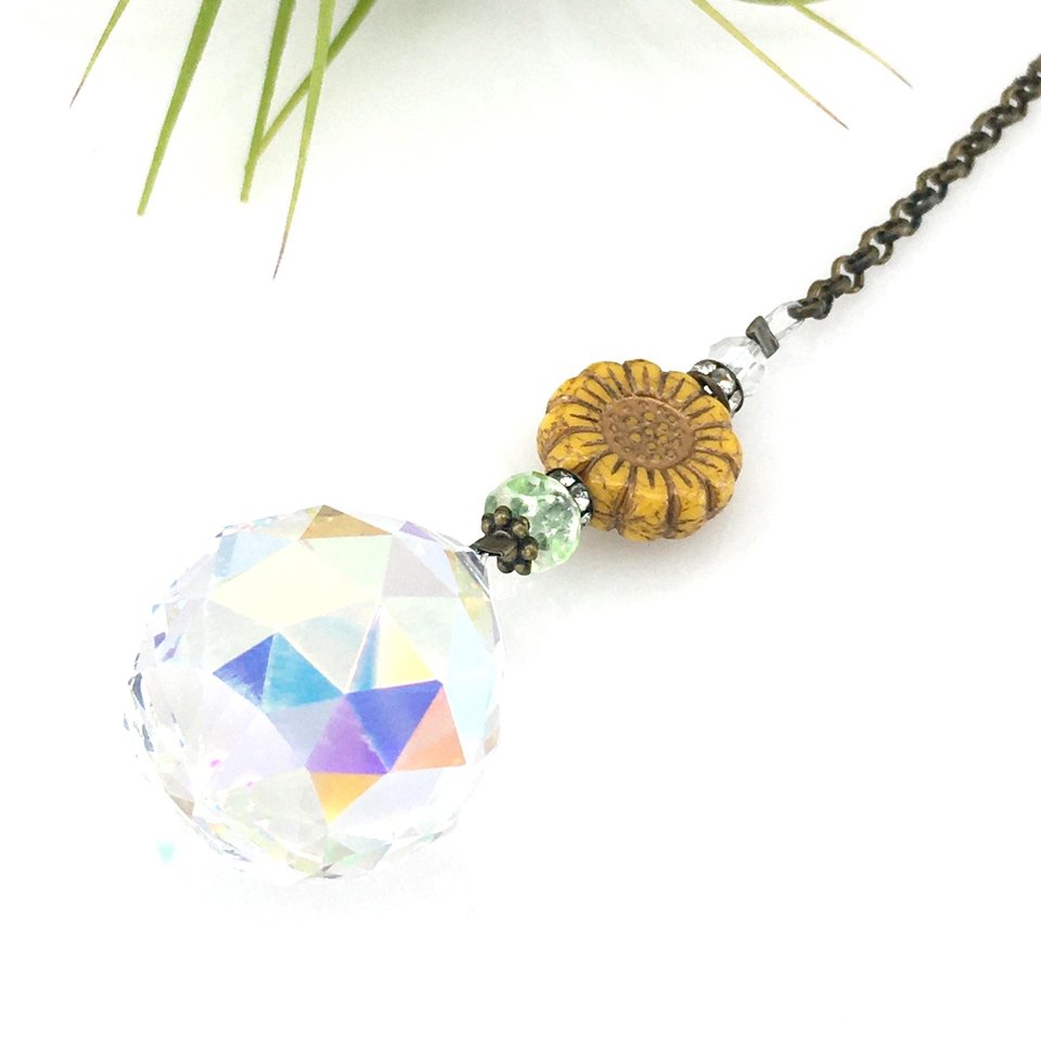 Sunflower Crystal Sun Catcher: 20mm Asfour Rainbow Prism, Czech Glass Beads, Handmade