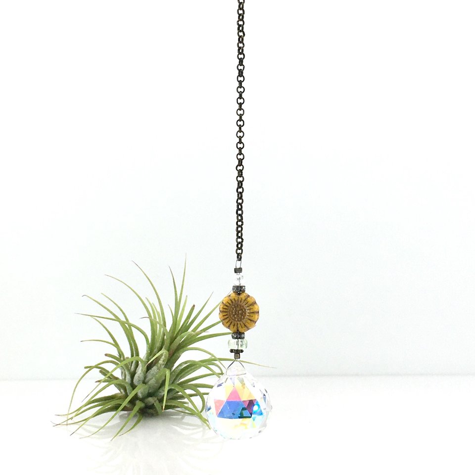 Sunflower Crystal Sun Catcher: 20mm Asfour Rainbow Prism, Czech Glass Beads, Handmade